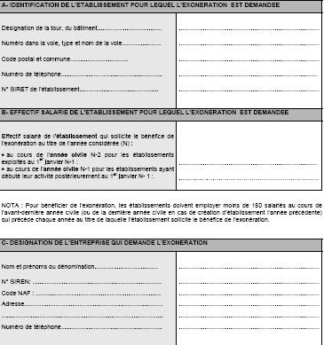 Questionnaire-type relatif aux conditions à remplir pour bénéficier de l'exonération de CFE prévue dans les ZUS par l'article 1466 A-I du CGI