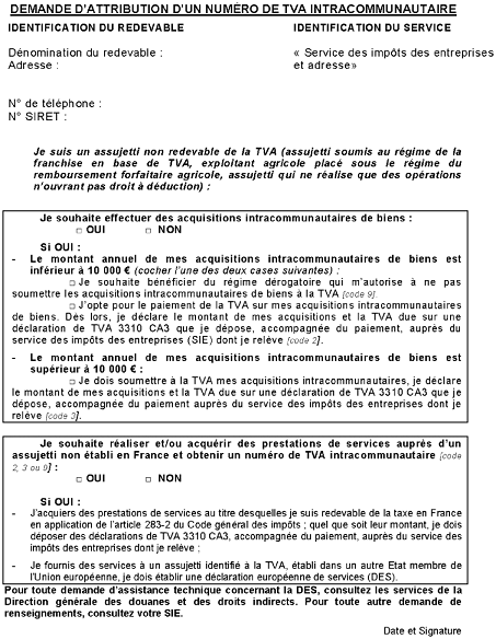 demande d'attribution d'un numéro de tva intracommunautaire