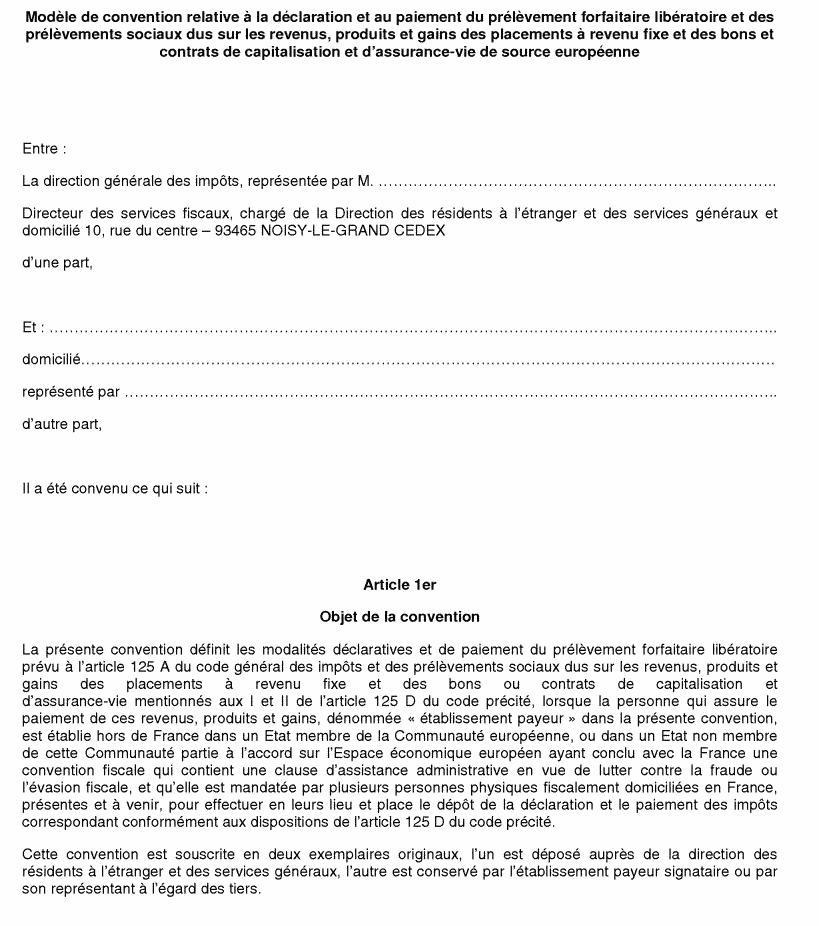 Modèle de convention relative à la déclaration et au paiement du prélèvement forfaitaire libératoire et des prélèvements sociaux