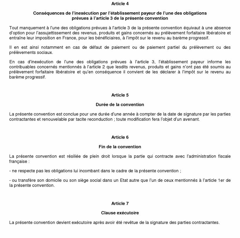 Modèle de convention relative à la déclaration et au paiement du prélèvement forfaitaire libératoire et des prélèvements sociaux