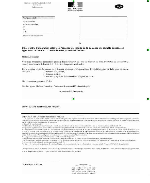 Lettre d'information sur l'absence de validité de la demande de contrôle déposée en application de l'article L21 B du LPF