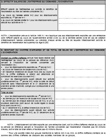 Questionnaire-type relatif aux conditions à remplir pour bénéficier de l'exonération de CFE prévue dans les ZUS par l'article 1466 A-I du CGI 2