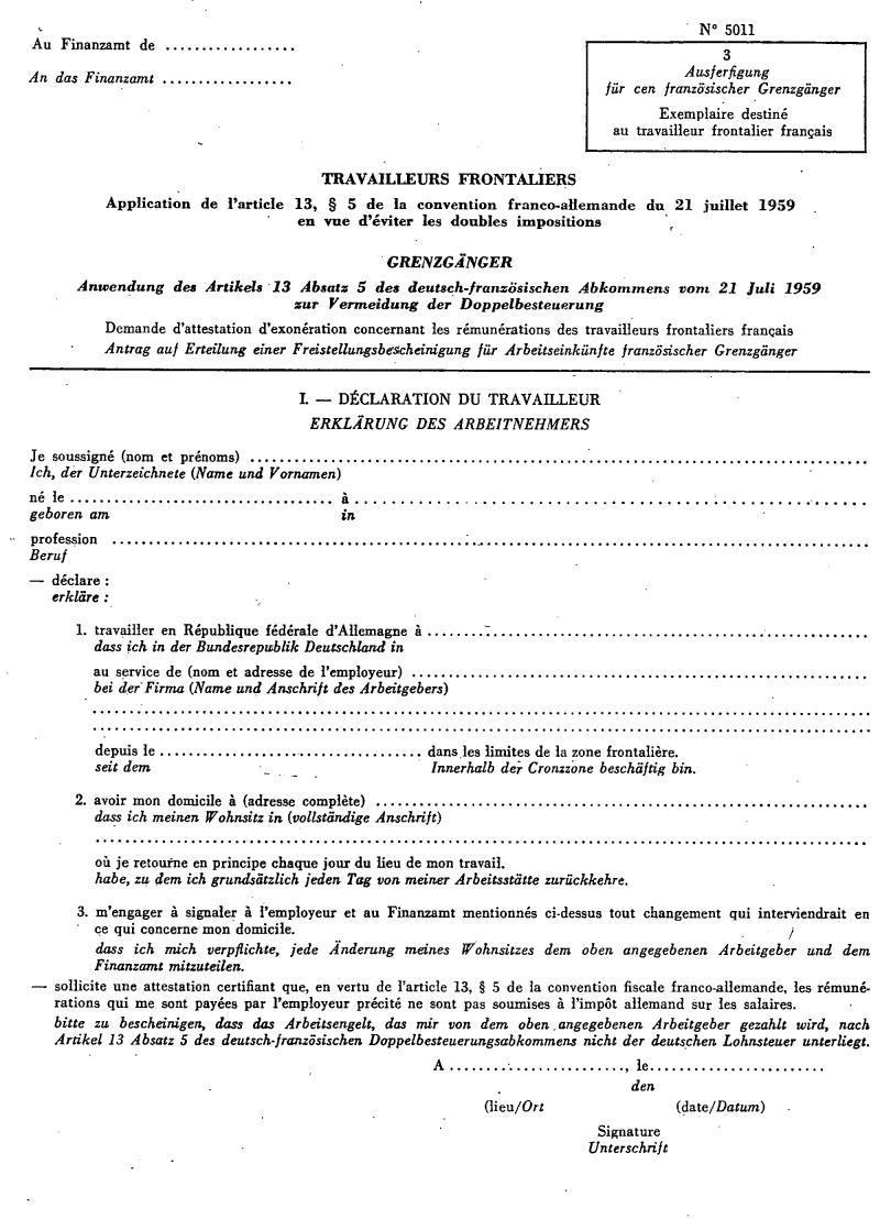 Modèle de demande d'attestation d'exonération concernant les rémunérations des travailleurs frontaliers  français