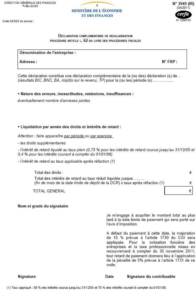 CF - Déclaration complémentaire de régularisation (3949-IR) (Article L.62 du LPF)