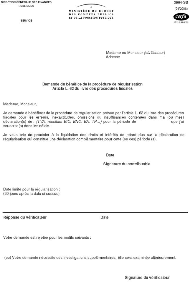 CF - Lettre de demande du bénéfice de la procédure de régularisation (Article L.62 du LPF)