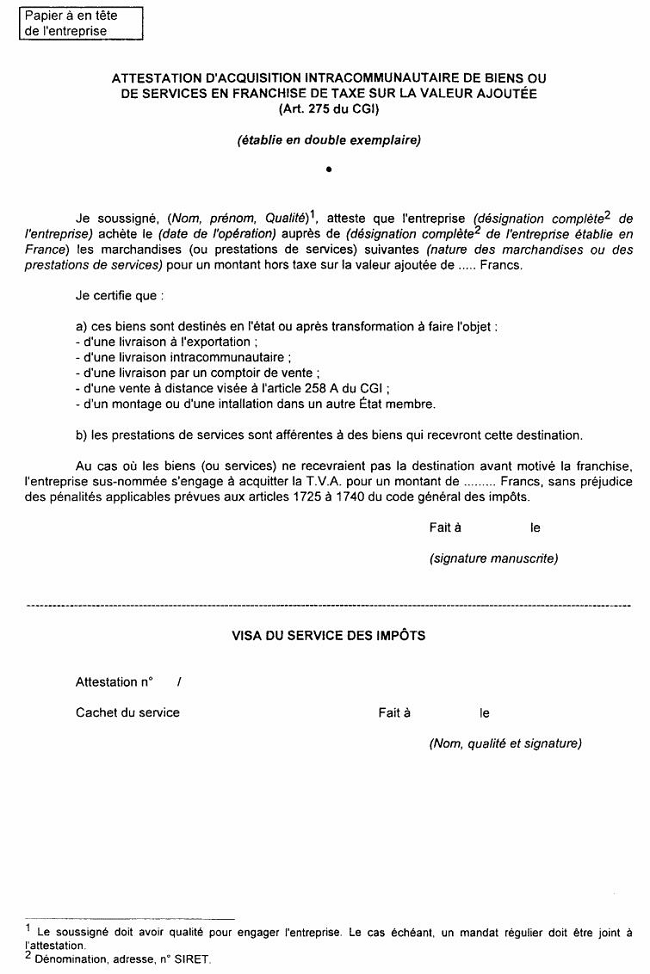 LETTRE - TVA - Attestation d'acquisition intracommunautaire