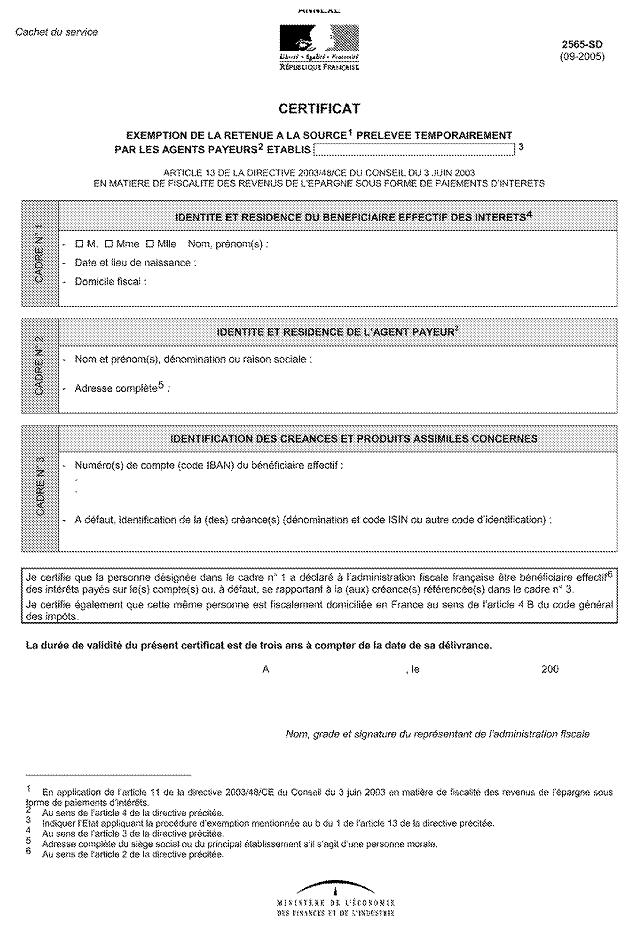 FORMULAIRE - RPPM - Certificat d'exemption de retenue à la source (n° 2565-SD)