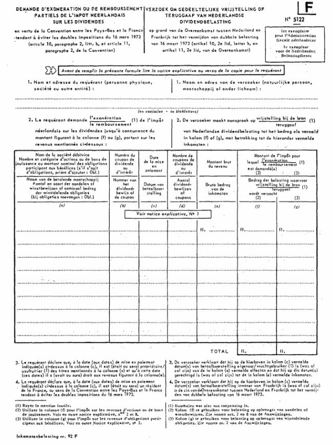 FORMULAIRE - INT - Demande d'exonération ou de remboursement partiels de l'impôt néerlandais sur les dividendes (1)