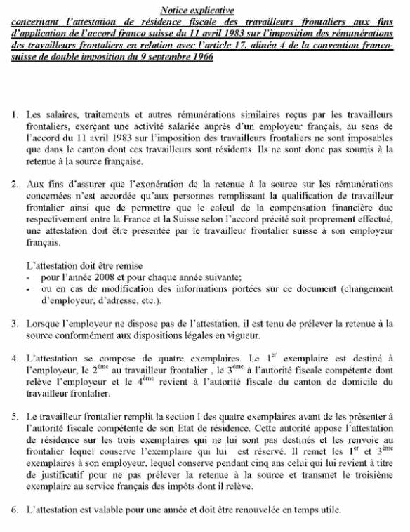 FORMULAIRE - INT - Attestation de résidence fiscale suisse des travailleurs frontaliers résidents suisses (image1)