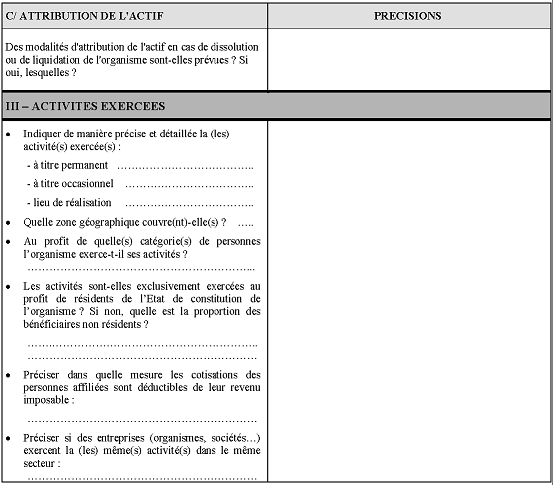 Questionnaire à remplir par les organismes à but non lucratif des Etats de l'Union Européenne autres que la France et des autres Etats de l'Espace Economique Européen ayant conclu avec la France une convention d'assistance administrative en vue de lutter contre la fraude et l'évasion fiscales