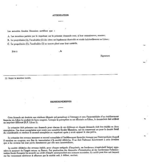 Demande d'exonération de retenue à la source sur les revenus de valeurs mobilières françaises perçus au Liban par un résident libanais