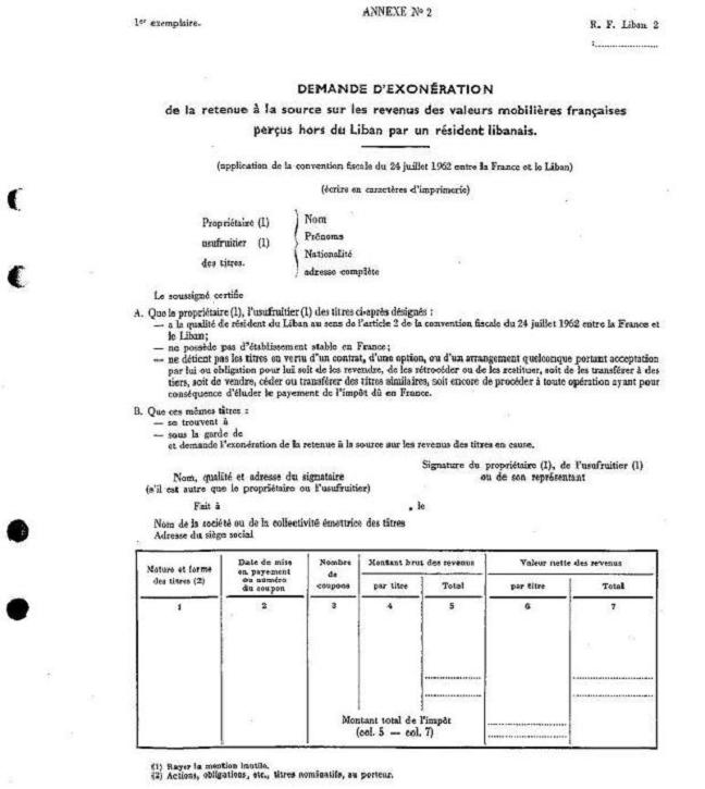 Demande d'exonération de retenue à la source sur les revenus de valeurs mobilières françaises perçus au Liban par un résident libanais