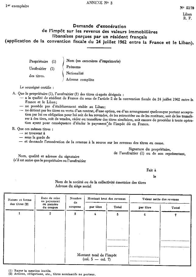 LETTRE - INT - Exemplaire de demande d'exonération de l'impôt sur les revenus des valeurs immobilières libanaises perçues par un résident français - 1ère partie