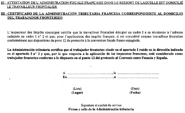 INT - Echange de lettres du 19 février 1998 (convention fiscale franco-espagnole) - Attestation de l'administration fiscale française