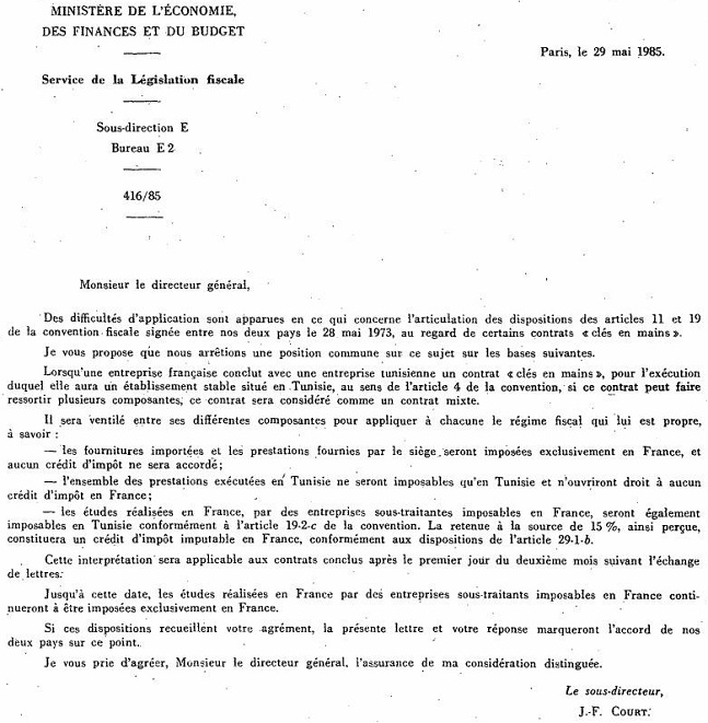 ANNEXE - INT - Lettre du 29 mai 1985 entre la France et la Tunisie