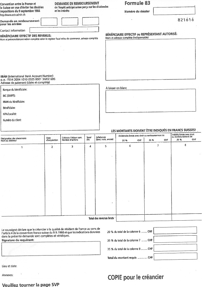 FORMULAIRE - INT - Formulaire 83 demande en remboursement de l'impôt anticipé suisse perçu sur les dividendes et les intérêts (copie pour le créancier (1))