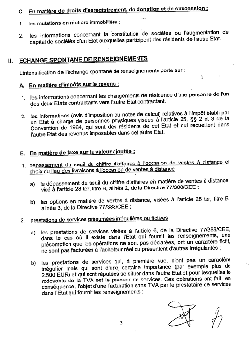 ANNEXE - INT - Arrangement entre les autorités compétentes de la France et de la Belgique en matière d'échange de renseignements