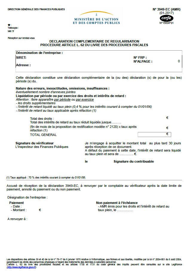 Lettre de déclaration complémentaire de régularisation (Article L.62 du LPF)